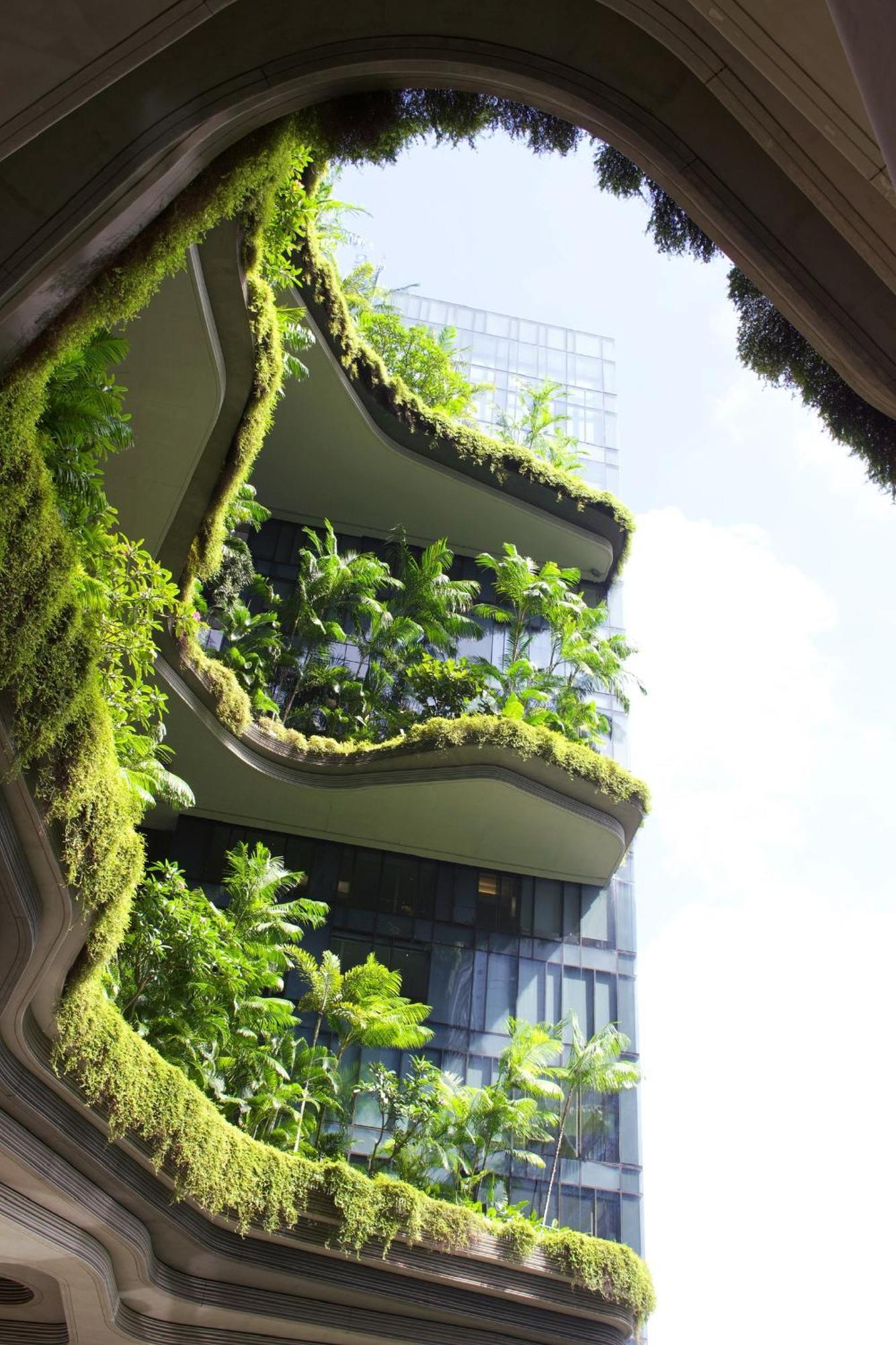 新加坡皮克林宾乐雅臻选酒店 外观 照片 The photo shows a modern building featuring several balconies adorned with lush greenery. The balconies have a wavy design, giving them an organic appearance. Various plants, including tropical foliage, are prominently displayed, creating a striking 